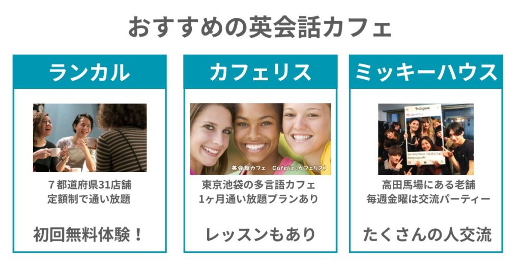 おすすめの英会話カフェ
ランカル
カフェリス
ミッキーハウス