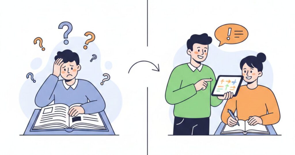 左側
英語学習をしているが、悩んで「？」マークがたくさん出ている男性

右側
コーチに教えてもらいながら英語学習を進める女性