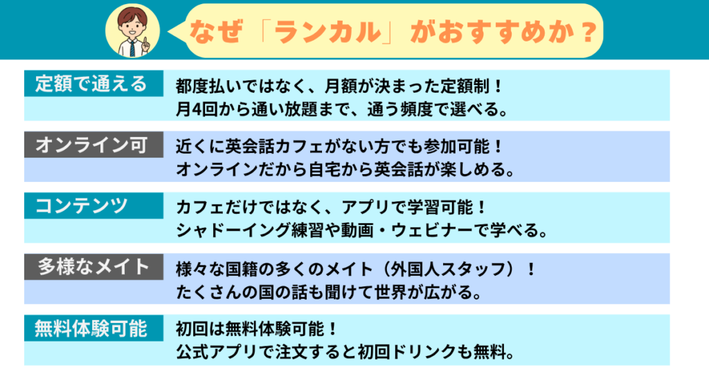 なぜ「ランカル」がおすすめか?
定額で通える
オンライン可
コンテンツ
多様なメイト
無料体験可能